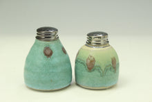 Load image into Gallery viewer, Two ceramic salt and pepper shakers with decorative patterns on a light background