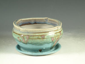 Pottery planter in turquoise glaze, succulent plants, flower, herb plant stoneware
