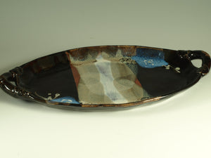 Pottery tray oval with handle