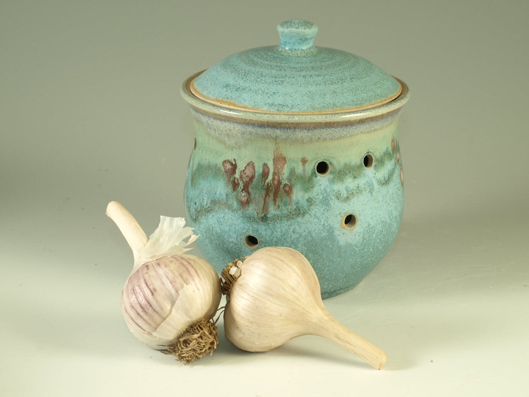 Garlic jar turquoise color stoneware